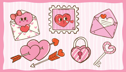 Kawaii Valentine Set Element Cartoon Character Hand Drawn Greeting Card Printable