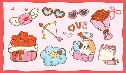 Kawaii Valentine Set Element Cartoon Character Hand Drawn Greeting Card Printable