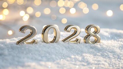 Metallic digits 2028 resting on fresh white snow background