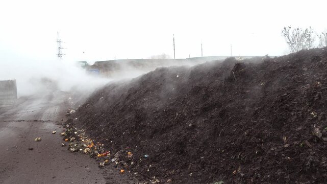 Organic waste processing plant. An industrial conveyor system aerator recycles organic waste by means of steam rising inside. Processing of organic waste for soil fertilization close-up