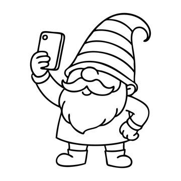 Tiempo de Navidad. Dibujo sencillo con l&iacute;neas de un gnomo de Santa Claus de pie haci&eacute;ndose un selfie con un smartphone, para tarjetas y felicitaciones de Navidad 