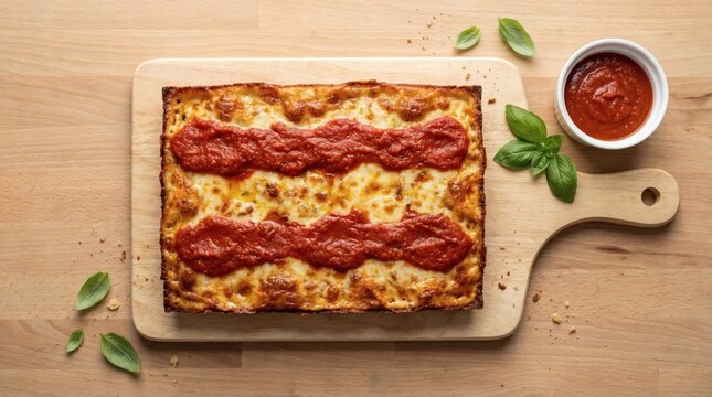 flat lay Detroit style square pizza on wooden board, Cheesy deep dish pizza with tomato sauce