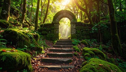 Sunlight streams through an ancient stone archway leading into a lush, moss-covered forest path.