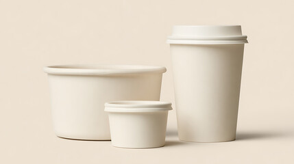 Elegant still life featuring a pristine white paper coffee cup with lid, alongside a pair of versatile food containers, all set against a warm, neutral backdrop, casting soft shadows 
