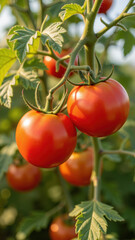 Fresh, ripe tomatoes hanging on vine, showcasing vibrant red color and lush green leaves, evoke sense of natural abundance and health