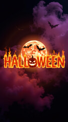 Spooky Halloween design featuring glowing pumpkin, bats, and full moon in dark sky. Perfect for festive celebrations