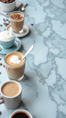 Creamy coffee drinks arranged on marble table, showcasing various styles and flavors, perfect for coffee lovers