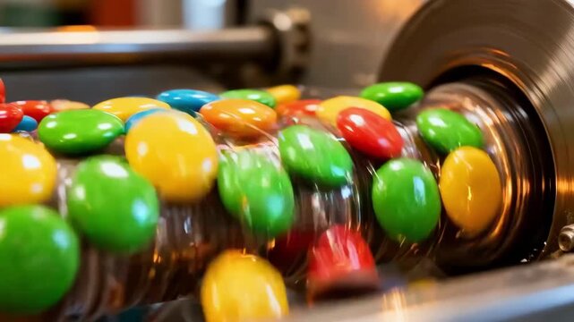 Brightly colored panned candies spinning in a polishing drum their vibrant hues becoming lustrous and reflective through the even application of glaze.