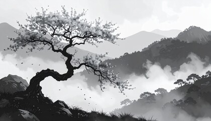 Serene misty mountains embrace a solitary, ancient tree in a tranquil landscape.