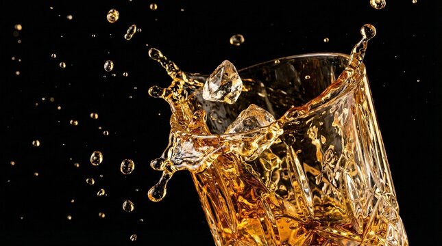 Freeze motion splash of whiskey with ice cubes from glass