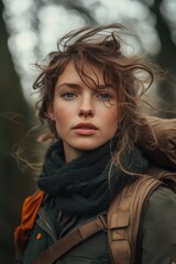 Fototapeta premium Adventurous young woman forest portrait photography outdoor environment close-up view exploration spirit