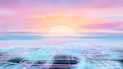 Futuristic sunrise illuminates a digital landscape serene watercolor vision of technology’s dawn