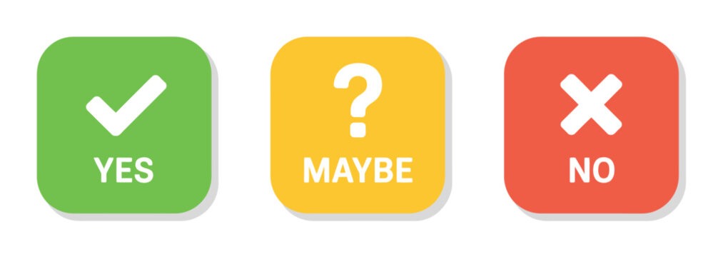 Yes, no and maybe icon set, speech bubble symbols for decision making, voting, test questions, chat messages, stickers, badges, cards and user interface design on white background.
