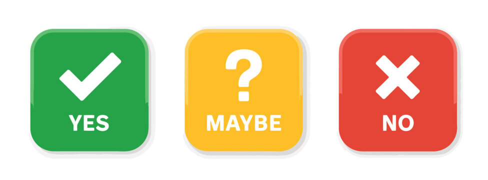 Yes no maybe speech bubble icons vector illustration, decision answer symbols for quiz, survey, exam questions, messaging apps, chat interface, badges, stickers and communication design elements.