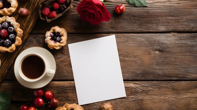 Cozy festive table setting featuring berry tarts coffee a rose menu perfect for culinary lifestyle stock photography