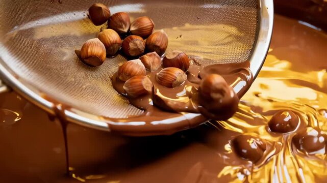 Closeup medium shot capturing hazelnuts tumbling inside a panning drum as velvety chocolate layers gradually envelop each nut showcasing a silky indulgent finish.