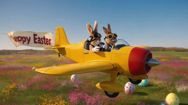 Bunnies fly a small plane over a colorful field during Easter celebrations
