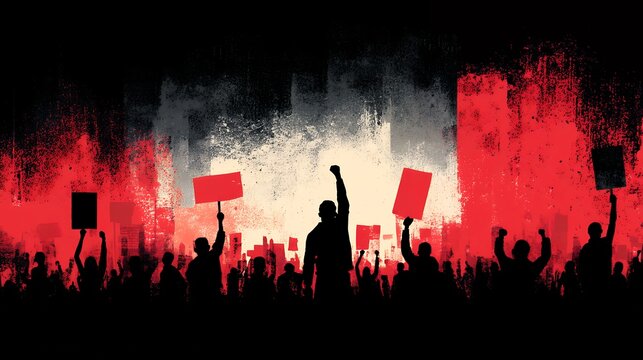 silhouette of crowd protesting with signs