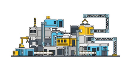 Obraz premium A detailed illustration of a modern modular industrial factory complex with various interconnected structures, cranes, and machinery, showcasing automated production processes.