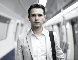 Fototapeta premium A man in a light suit looks ahead while traveling in an interior subway car