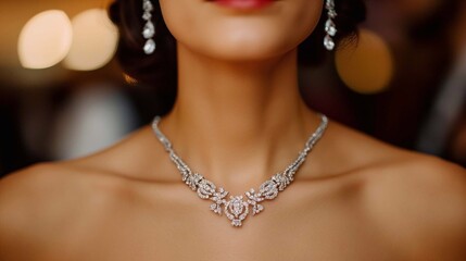 A glamorous woman showcasing a diamond necklace and matching earrings at a high-end event