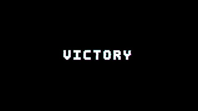 8 bit pixel Victory text animation with glitch effect on black background. Retro game win screen typography.