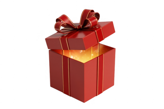 Red Gift Box with Gold Ribbon and Bow isolated on a transparent background - Powered by Adobe