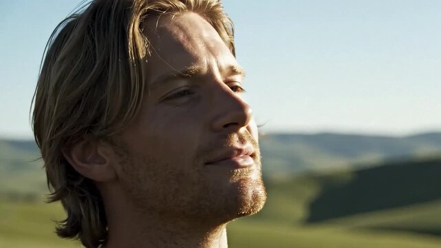 Close-up of a young man lifting his gaze to the sky in a sunny outdoor landscape. Handsome male with blond hair looking up with a hopeful and contemplative expression. Concept of faith and vision