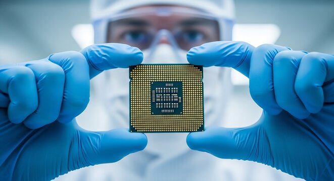 Scientist in blue gloves holding a modern computer microchip, semiconductor technology and hardware engineering