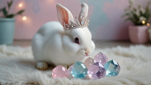 Cute White Bunny with Crown and Crystals in a Soft and Dreamy Setting