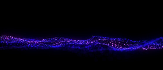 Music color wave of particles and lines. Big data visualization. Abstract blue background with a dynamic wave. 3d rendering.