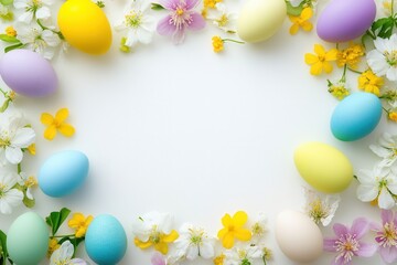 Colorful flowers and festive eggs frame, Vibrant floral design with cheerful Easter accents, Decorative border featuring cheerful blooms and Easter eggs for festive greetings or announcements