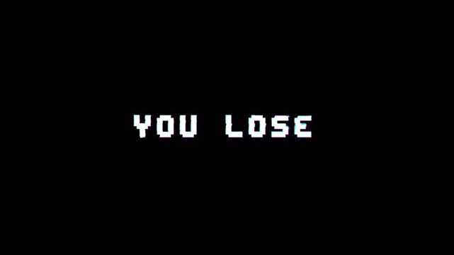 8 bit pixel You Lose text animation with glitch effect on black background. Retro arcade defeat screen text.