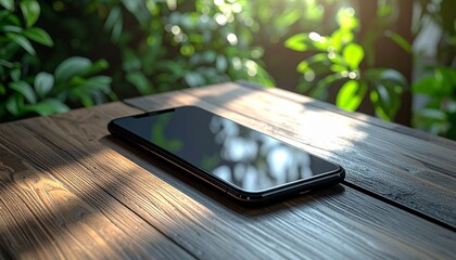 Modern smartphone resting on a rustic wooden table bathed in dappled sunlight.