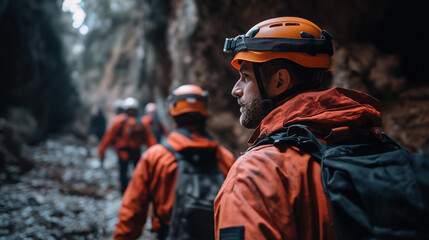 Faceless group of men in red orange jackets and protective helmets walking inside cave, difficult terrain emergency medical team, with copy space