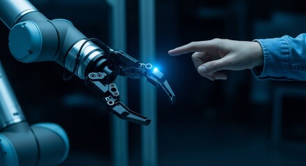 Close up of a human finger and a robotic hand touching in a conceptual representation of artificial intelligence and human collaboration