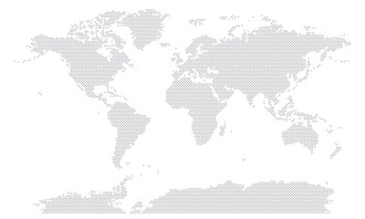 World map dotted halftone silhouette isolated on white background. Black white monochrome contour of continents including Antarctica. Vector clipart for travel banner back design, global event news.