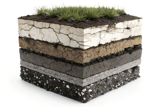 3D soil horizon model with layered strata from grassy topsoil to bedrock&mdash;visualizing geological composition and soil science for environmental education.   generative ai