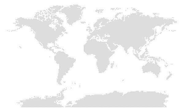 World map dotted halftone silhouette isolated on white background. Black white monochrome contour of continents including Antarctica. Vector clipart for travel banner back design, global event news.