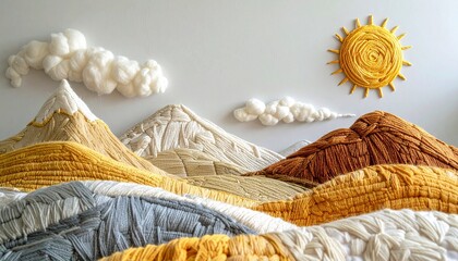 Whimsical yarn mountains and clouds under a sunny sky create a cozy, handcrafted landscape.