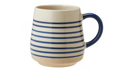 White ceramic mug with blue stripes and handle white mug isolated on a transparent background