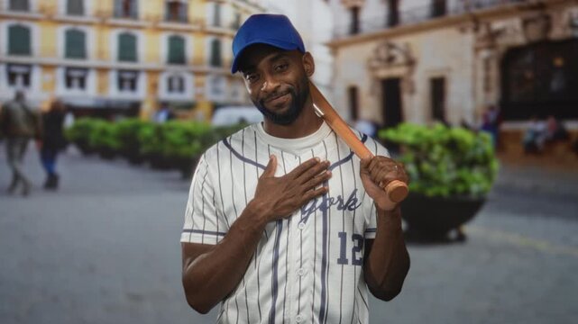 Man holding baseball bat on shoulder on city street in striped jersey and cap, hand briefly on chest in one frame; quiet confidence.