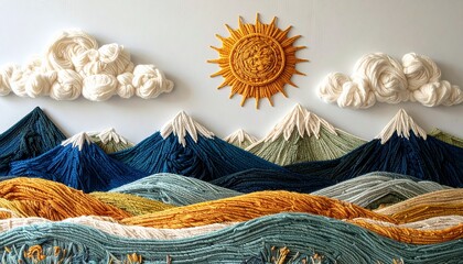 Whimsical yarn art depicts a vibrant mountain landscape under a radiant sun and fluffy clouds.
