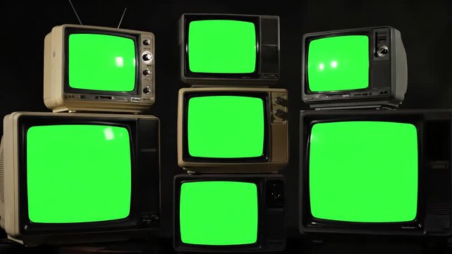 Stacked Television Array with ten old tvs turning on green screens vintage live retro screen display taken zoomout shot distortion, overlay, glitch, static noise, scan lines black background, 4k