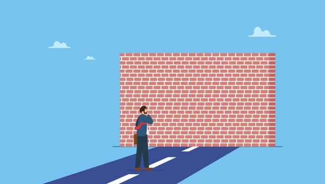 Confused businessman walk on the road to brick wall barrier. Business barrier, obstacle or difficulty, road block or career struggle, trouble or problem to be solved, prohibited or dead end.