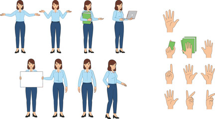 Obraz premium Flat Vector Illustration Set of a Professional Business Woman with Diverse Office Poses and Hand Gestures.