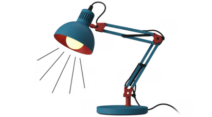 Blue and red desk lamp with light on isolated on a transparent background