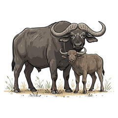 Obraz premium Detailed Handdrawn Cape Buffalo with Calf Wildlife Mammal Illustration