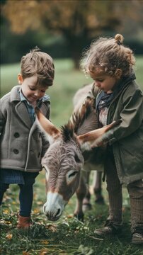 Two young children petting a donkey in a grassy field on an autumn day.