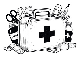Essential first aid kit with diverse medical supplies for emergency preparedness and healthcare, useful for health and safety awareness campaigns or educational materials.